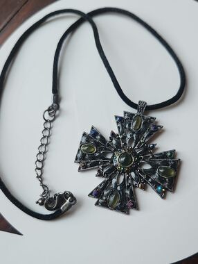 Boho Green Stone Cross Pendant Necklace - Unbranded